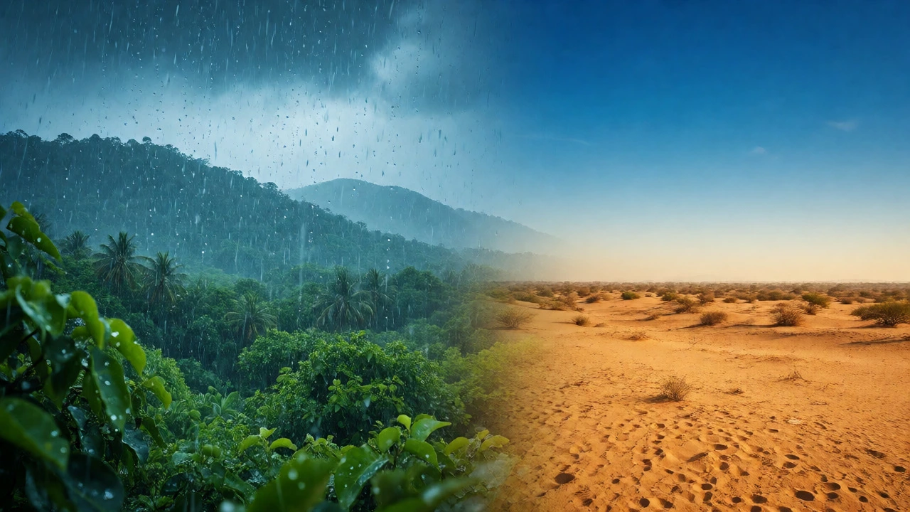 Split view showing rainy green landscapes and sunny desert scenes in India.