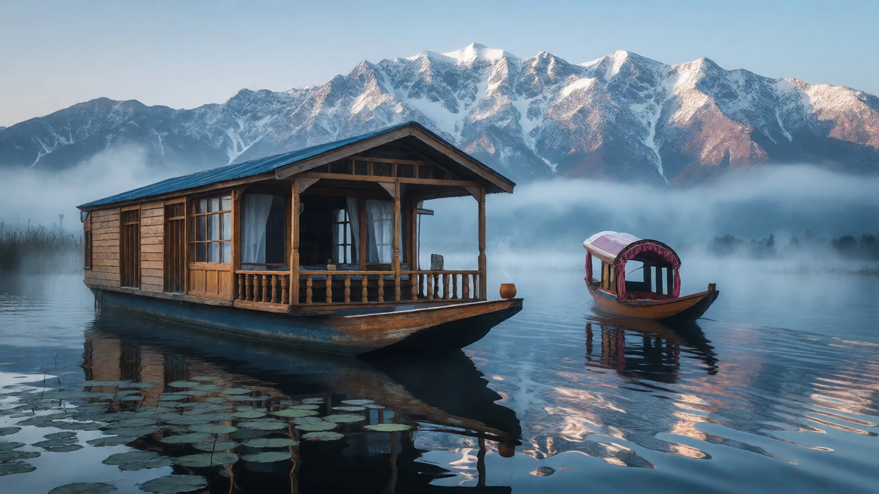 Traditional houseboat and shikara on misty Dal Lake in Kashmir