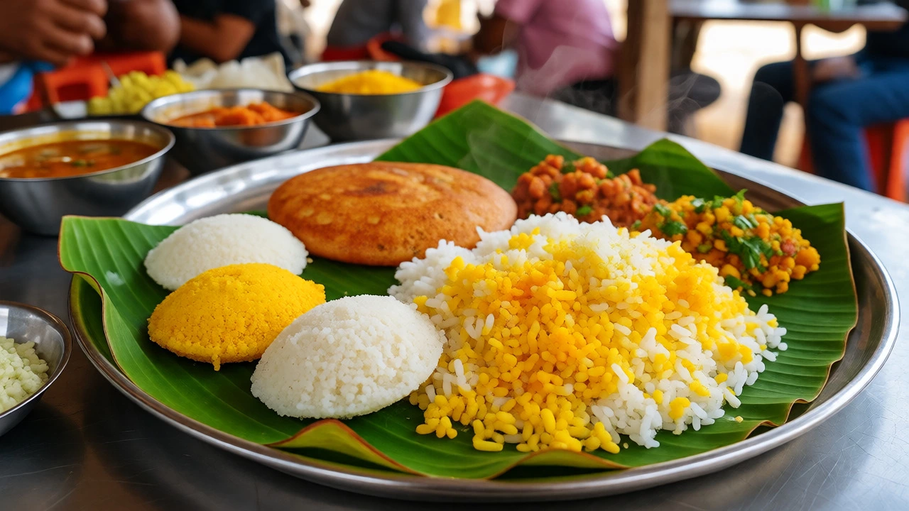 Traditional South Indian Thali meal served on a banana leaf