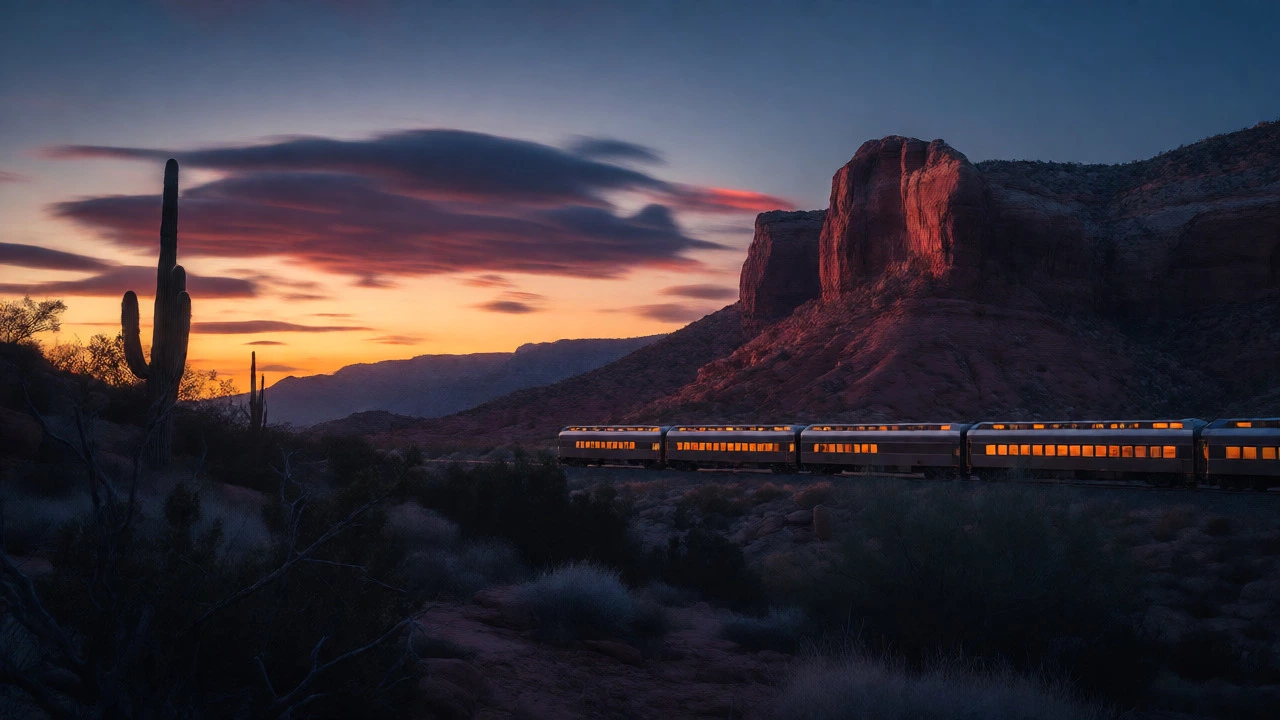 Train passing red rock formations under a vibrant sunset sky in the desert