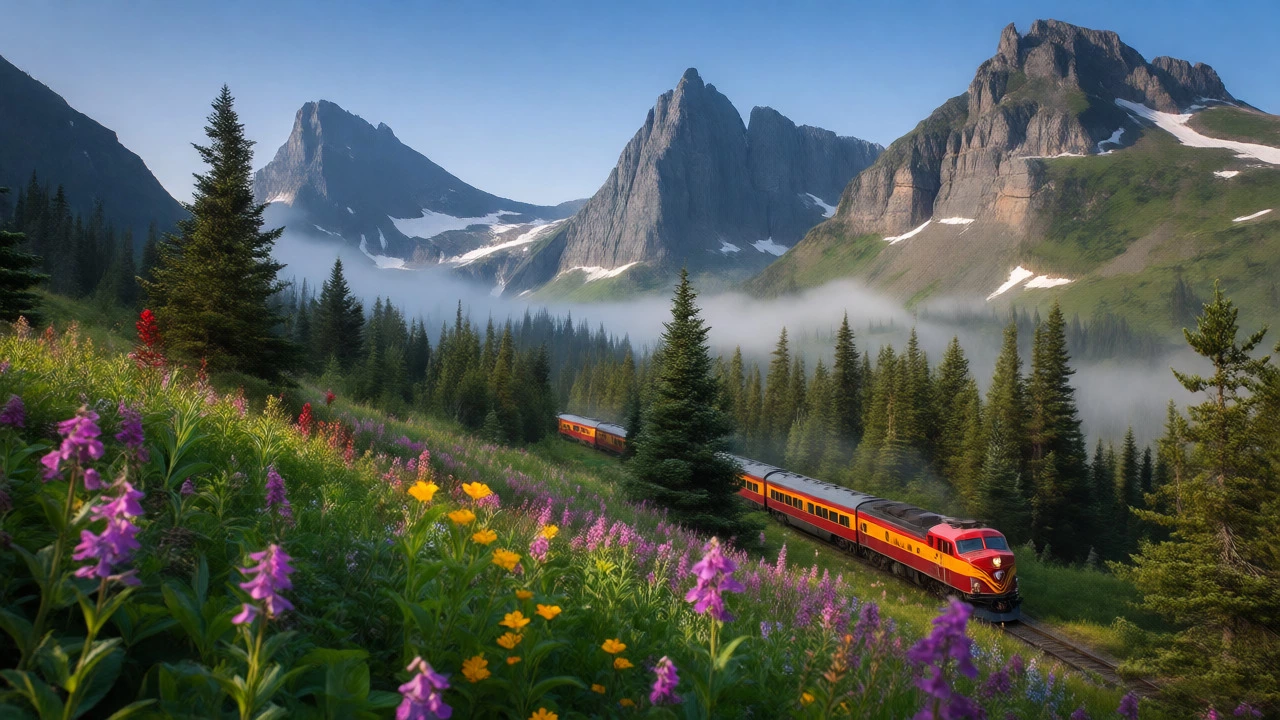 Train winding through wildflower-filled alpine forest beneath snowy mountain peaks