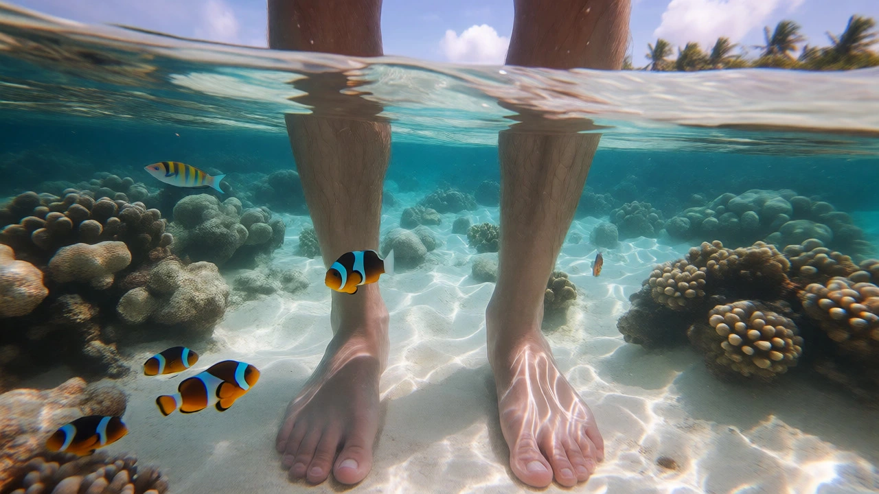 Underwater view of colorful fish swimming around ankles in clear shallow lagoon water.